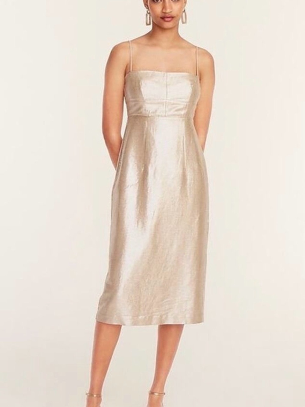 J. Crew Metallic Gold Midi Dress with Spaghetti Straps and Tie Back - Sz 6 NWT